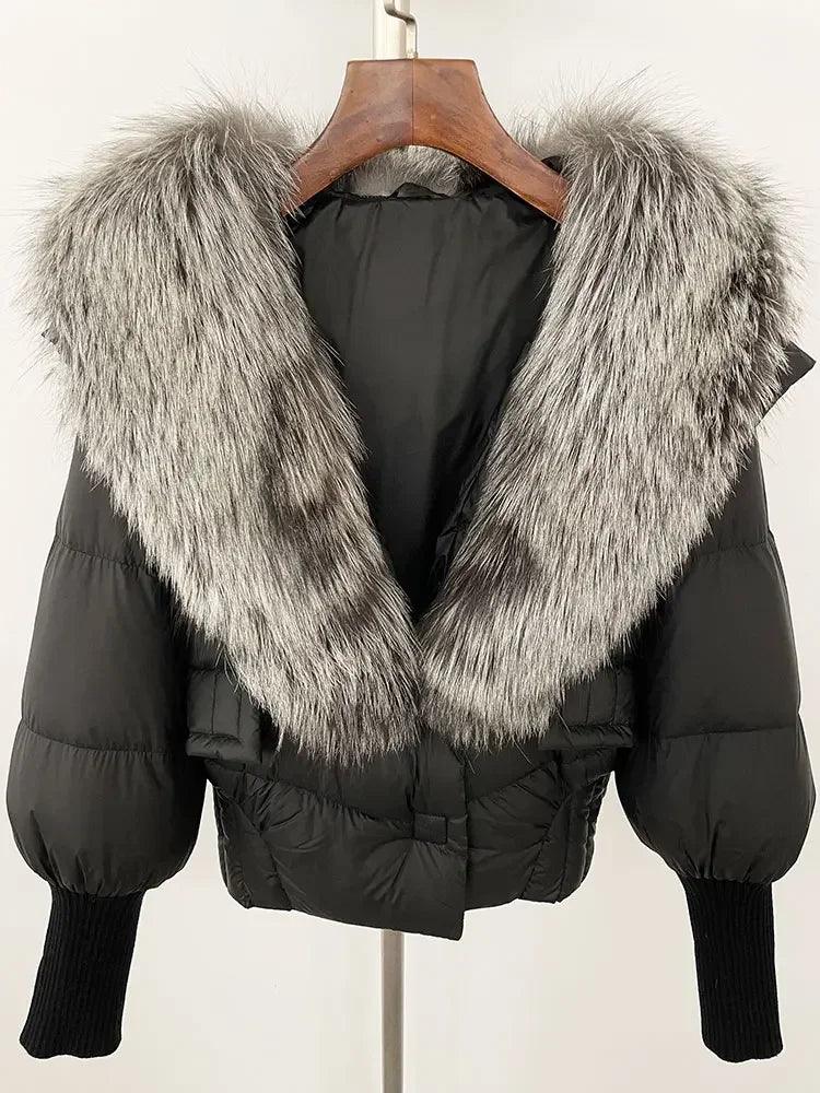 Winter girls jacket with real raccoon fox fur loose fit coat
