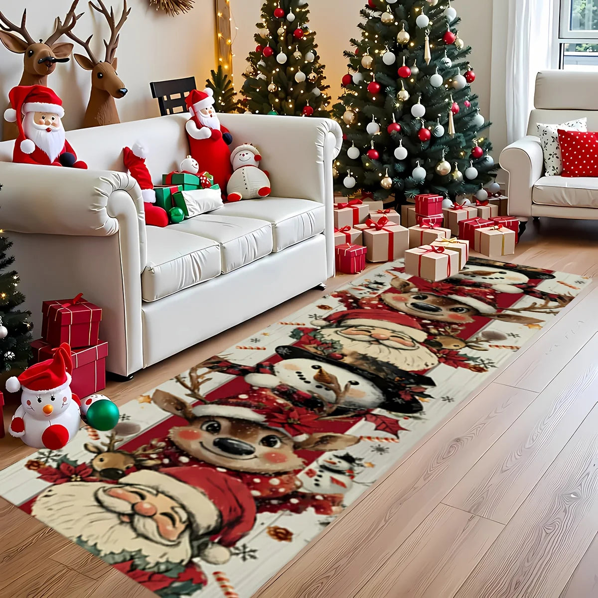 Extra-Long Red & Golden Christmas Runner Mat Long Christmas Runner Rugs Washable Balcony Carpet Home Decor Floor Mat for Hallway