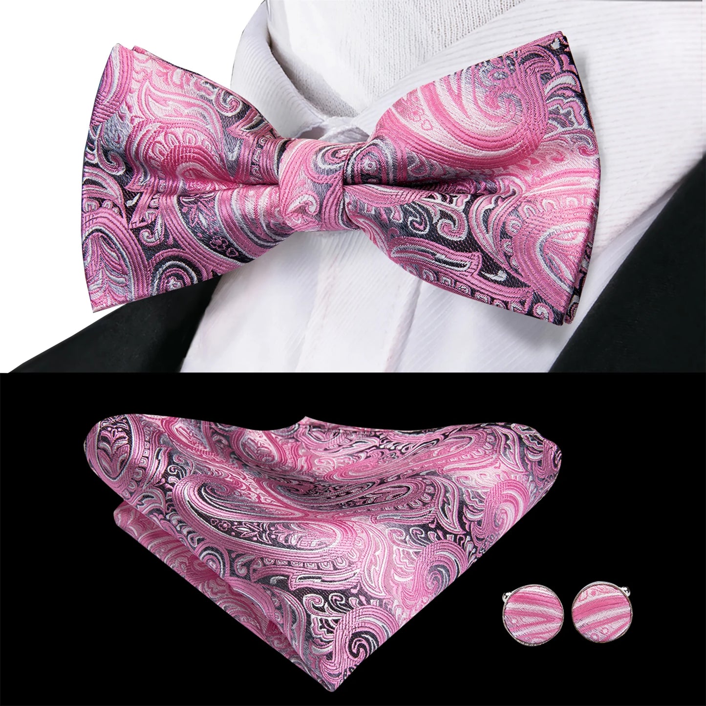 Hi-Tie Peach Pink Salmon Silk Mens Bow Tie Pocket Square Cufflinks Set Pre-tied Butterfly Knot Bowtie for Male Wedding Business