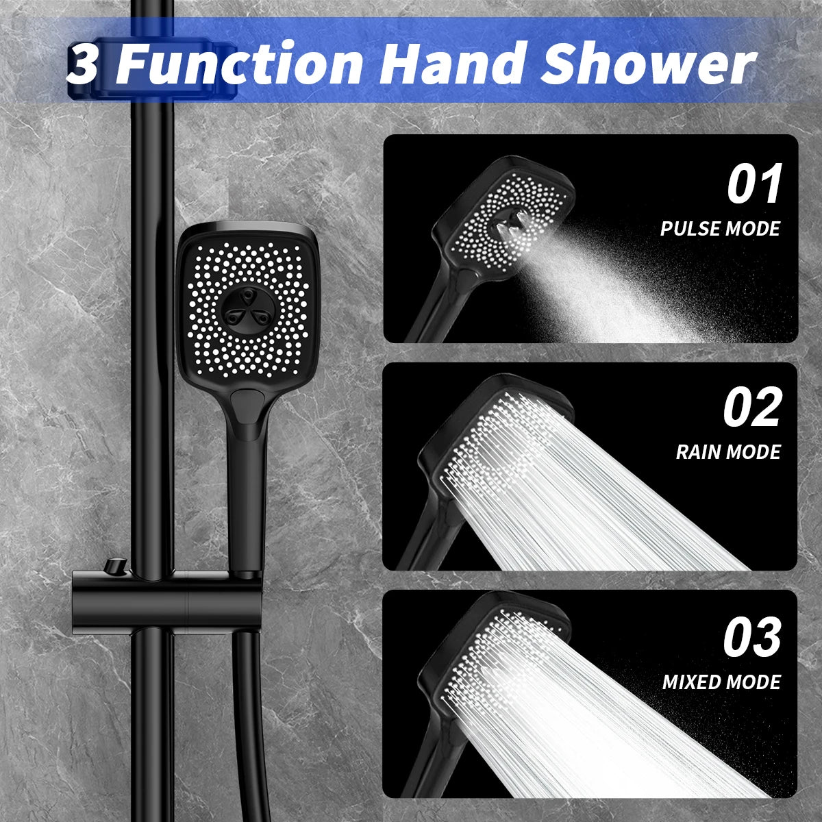 NONEM copper-finish shower armature set with digital display, 3-function hand shower with pulse, rain and mixed modes