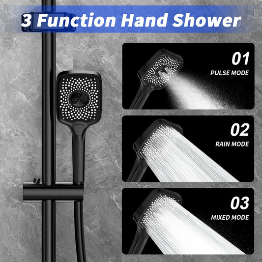 NONEM copper-finish shower armature set with digital display, 3-function hand shower with pulse, rain and mixed modes
