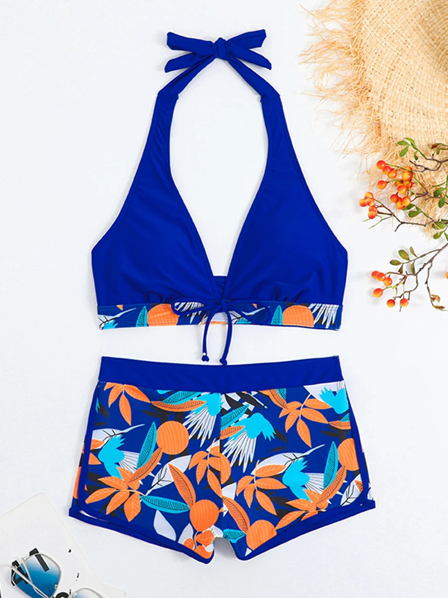 Halter Bikini Set: High Waist Design Wire-Free Support Spandex Polyester - Kurzer Schwimmanzug Frauen Bedruckte Bademode Polsterung Strandmode