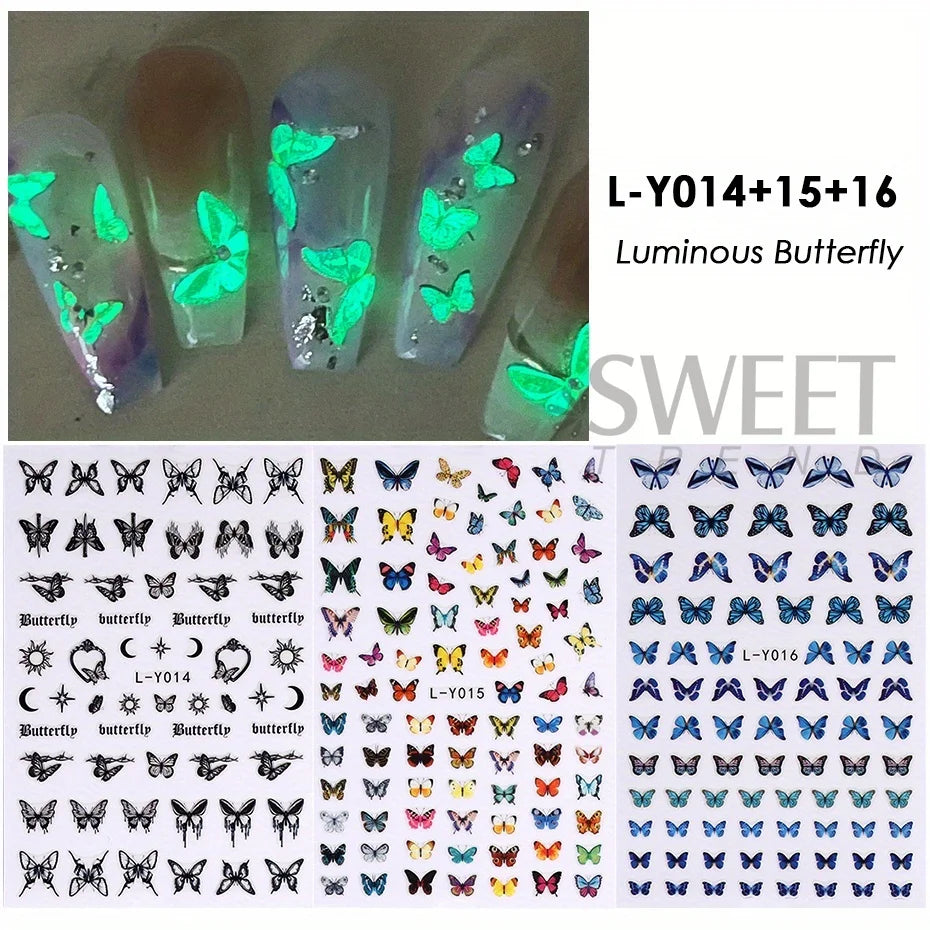 Nagel-Sticker 2025: 3pcs Luminous-Butterfly Glow-Dark - Manicure Art Collection