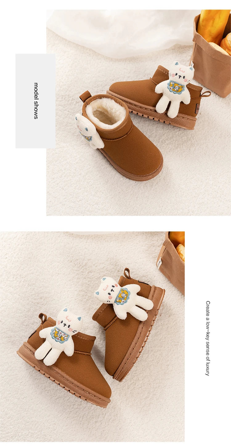 Kinder-Schneestiefel mit niedlichen Bären, Kinder-Stiefeletten, vielseitige Mode, 2025, Winter, neue warme Stiefel für Jungen und Mädchen, dickes Fell, rutschfest
