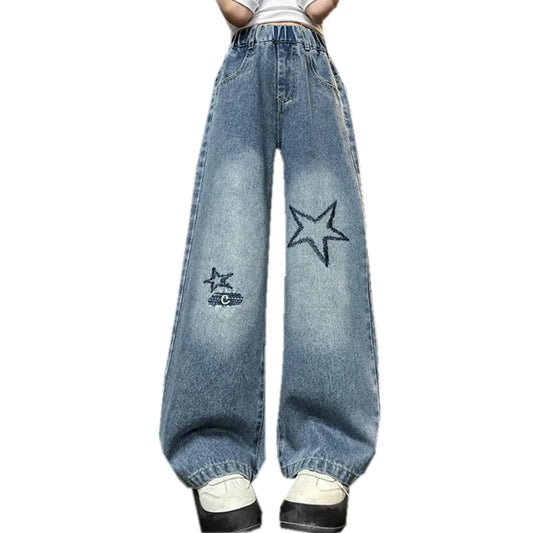 Jeans For Girl Spring Embroidery Star Pattern Wide Leg Denim Pants Kids Casual Style Children Loose Clothes 6 8 9 10 12 14 Years