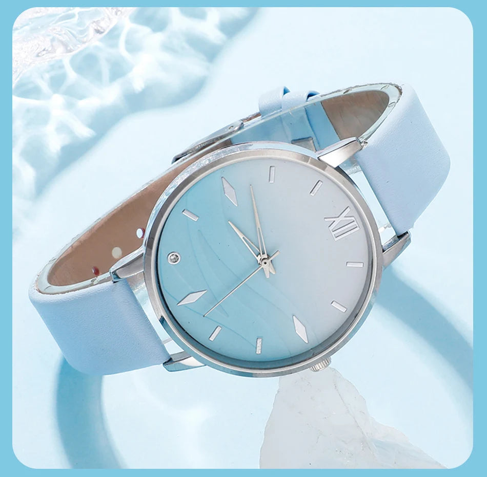 Moda 6er Set Quarz Uhr Damen - Blau Strass Leder 18mm
