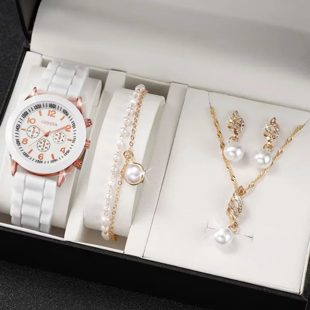 Luxus Set Elegantes Schmuckset - Uhr Ring Kette Ohrringe