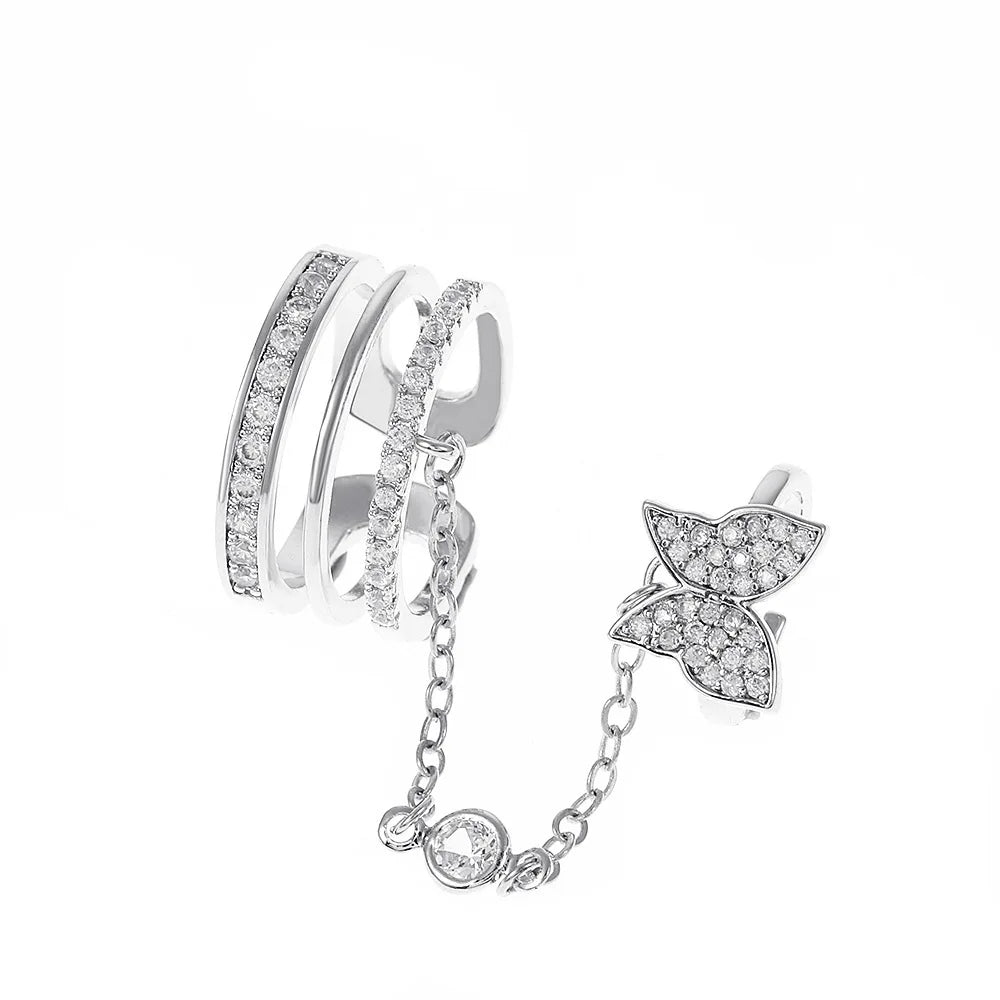 Inel fluture de culoare argintie pentru femei, lanț cu ciucuri și micro-incrustări de zirconiu, inele duble deschise, bijuterii cadou KDR021