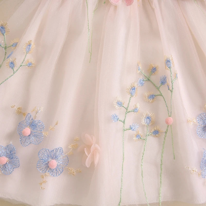 Toddler Kid Girls Dress Children Flower Butterfly Embroidery Fly Sleeve V-Neck Dress Summer Fashion Casual Princess Dress