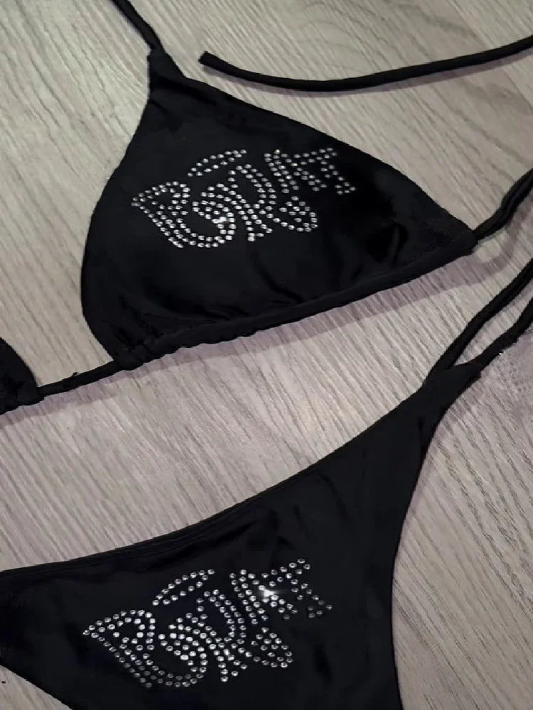 Gothic Bademode - Punk Strand Bikini Strass Y2K Grunge Badeanzug - Alternative Mode Schwarz Schwimmbekleidung