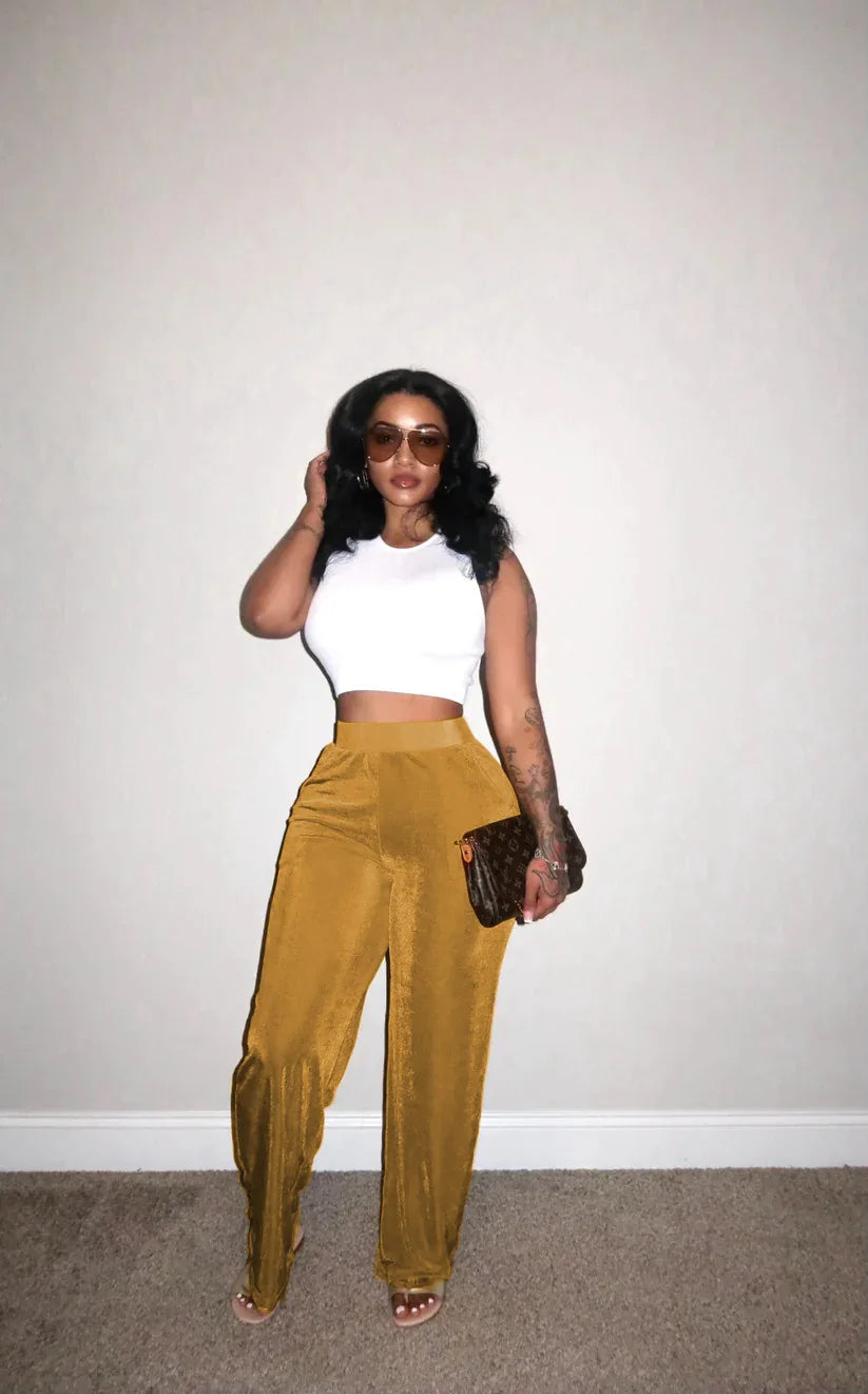 CM.YAYA Samt Hohe Taille Hose - Elast Bund Polyester S-XL