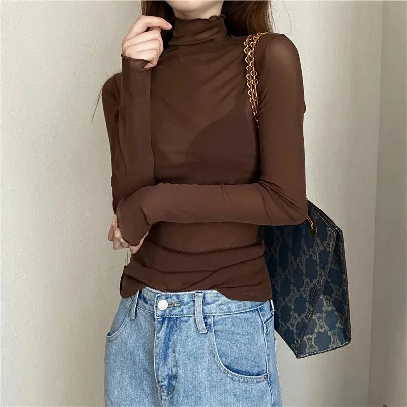 Sexy Women T Shirt See Through Transparent Tops Long Sleeve Ladies T-Shirt Pink Green Basic Top for Female Bottoming Blouses