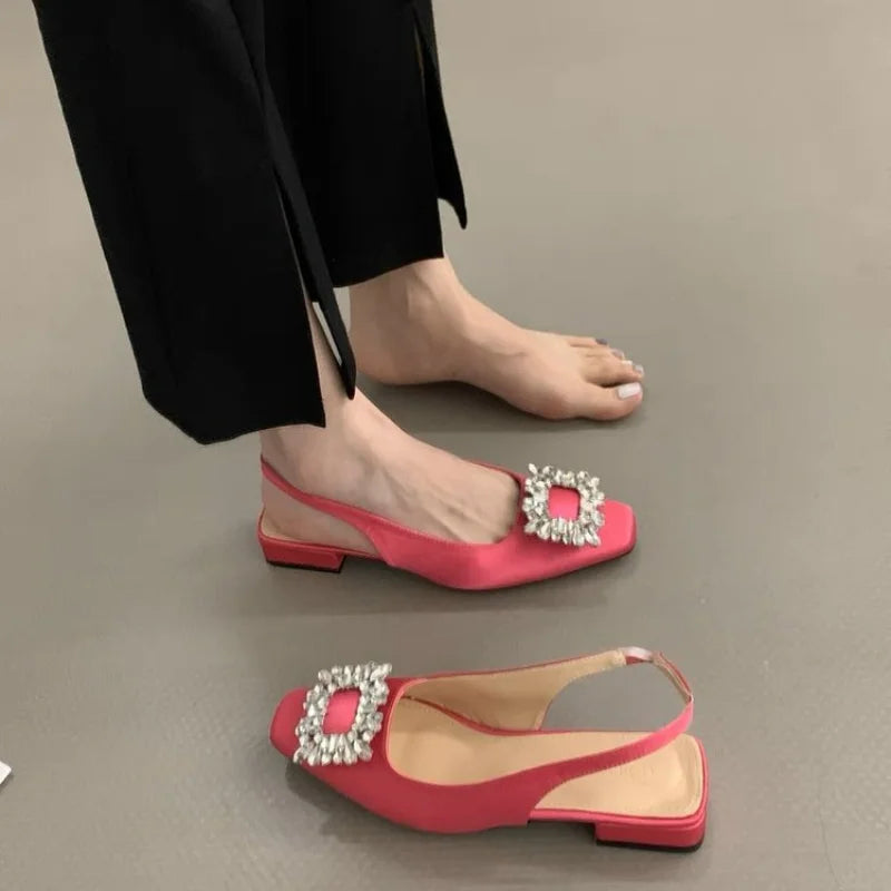 Fashion Women's Sandals Summer New Slingback Slippers Female Low Heel Rhinestone Buckle Back Strap Sexy Pumps Sandalias De Mujer