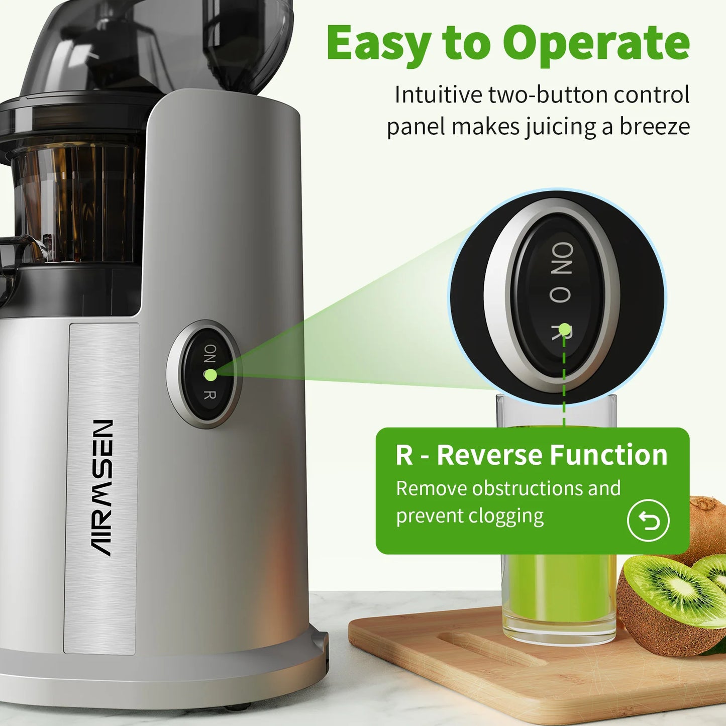 AIRMSEN Slow Cold Press Juicer, large diameter, filterless design, easy to clean, suitable for vegetables and fruits.