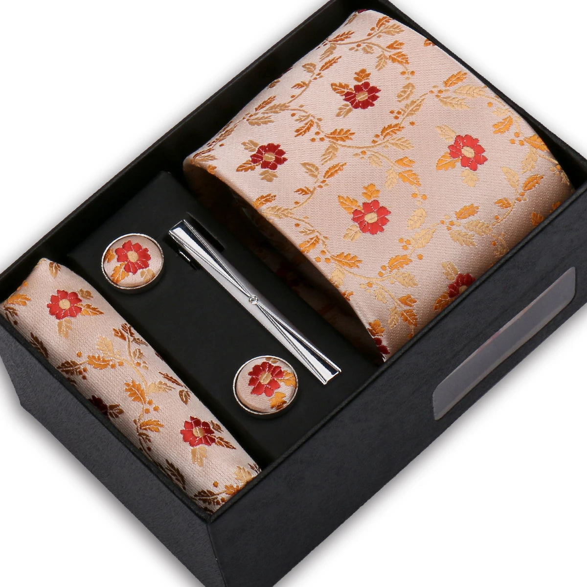 Elegant Men's Suit Necktie Gift Box Set Floral Tie Handchief Cufflinks Tie Clip 4-Piece Business Wedding Party Suit Accessories