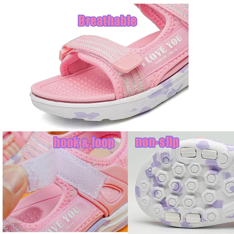 Sandalen Mädchen 2025 - Weiche Sohlen Casual Schuhe Modische Prinzessin - Neue Blumen Rosa Flache Schuhe Rutschfest Strand Kinder 7-13J