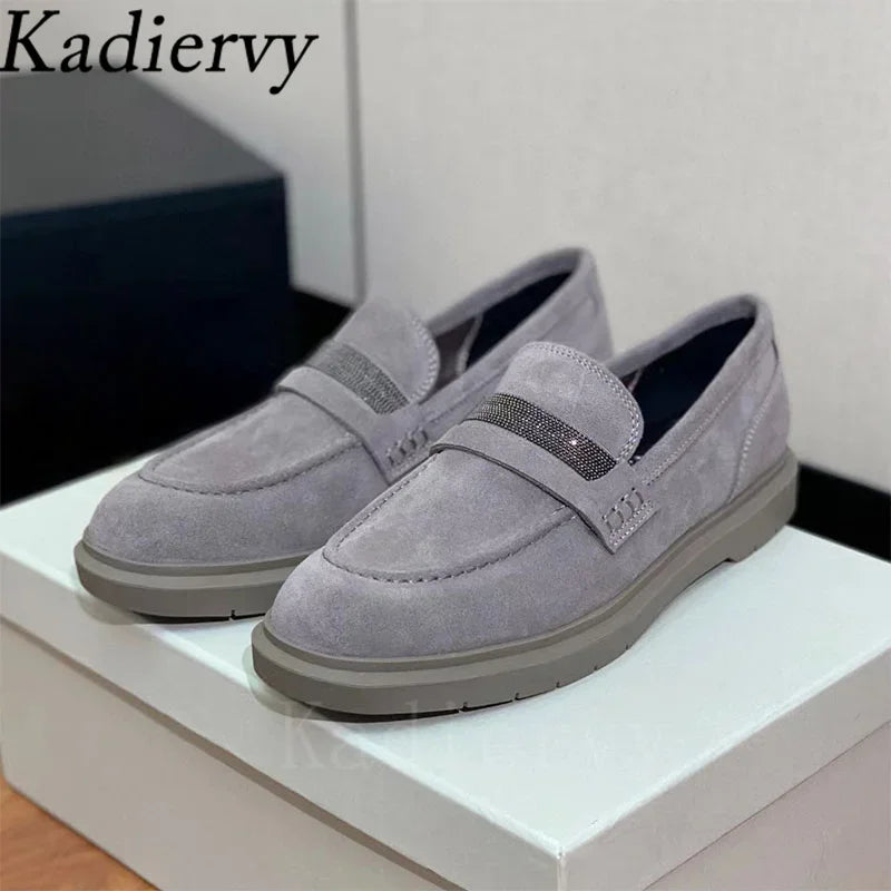 Luxus Damen Flache Schuhe 2025 - Wildleder Kette Perlen Runde Zehen - Slip-On Loafer Komfort Walking Schuhe