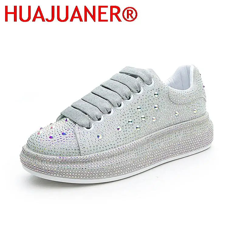 New Brand Women Fashion Casual Glitter Sparkling Sneakers Women Encrusted Lace Up Shoes White Sole Fashion Street Sneakers Shiny
