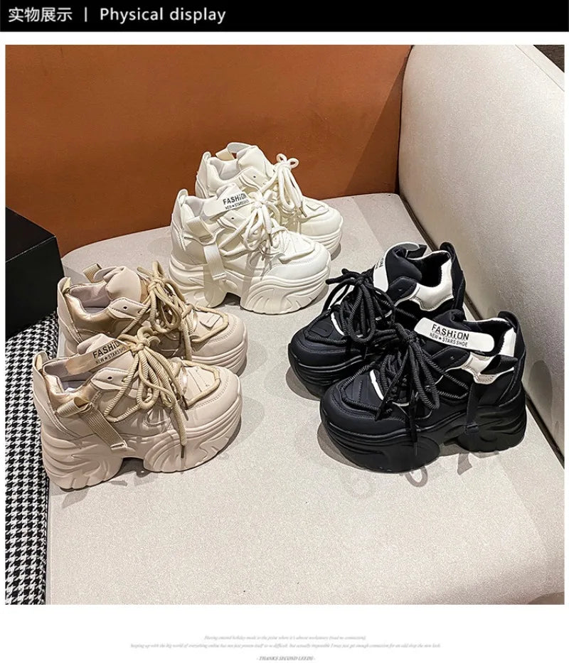 Women Walking Sneakers Autumn Lace-up High Platform Chunky Shoes Breathable Leather Shoes 10.5CM Winter Wedge Heels Casual Shoes