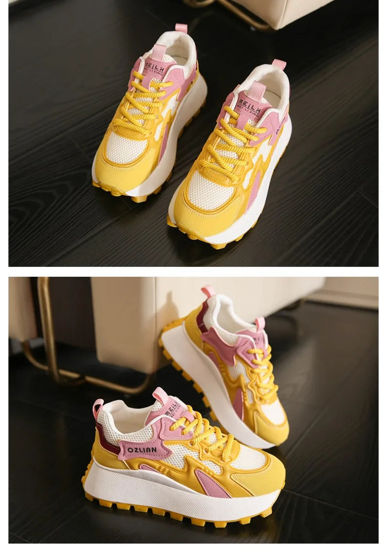 Women‘s Trendy Color-blocked Brand Design Thick-soled Sneakers 2024 Spring and autumn New  Lace-up Mesh Breathable Tennis Shoes