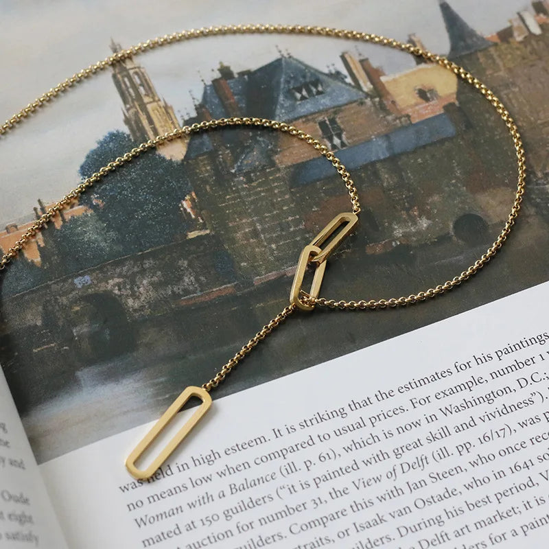 Colier cu pandantiv geometric în formă de Y pentru femei - oțel inoxidabil placat cu aur de 18K - bijuterii de petrecere hip hop cu personalitate la modă