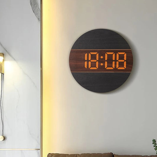 LED Digital Wall Clock Wooden Large Round Screen Automatic Brightness Adjustment 12/24H Hanging Clock Home Living Room Decor
