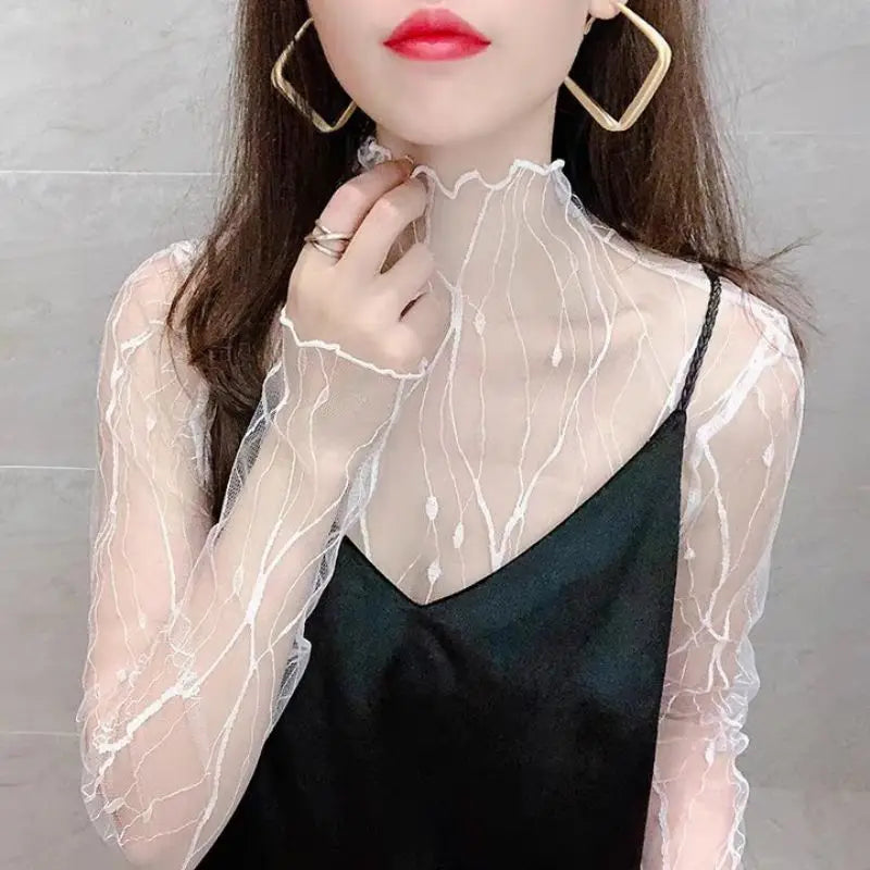 Women's T-shirt Summer Outfits Long Sleeve Pullover See Through Tops Fashion Lady Sexy Tops Mesh Slim Chiffon Tees New Black Top