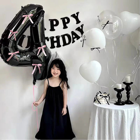 Black Number Balloons Aluminum Film Balloons With Pink Bow for Kids Boy Girl Birthday Party Decorations 0-9 Numbers