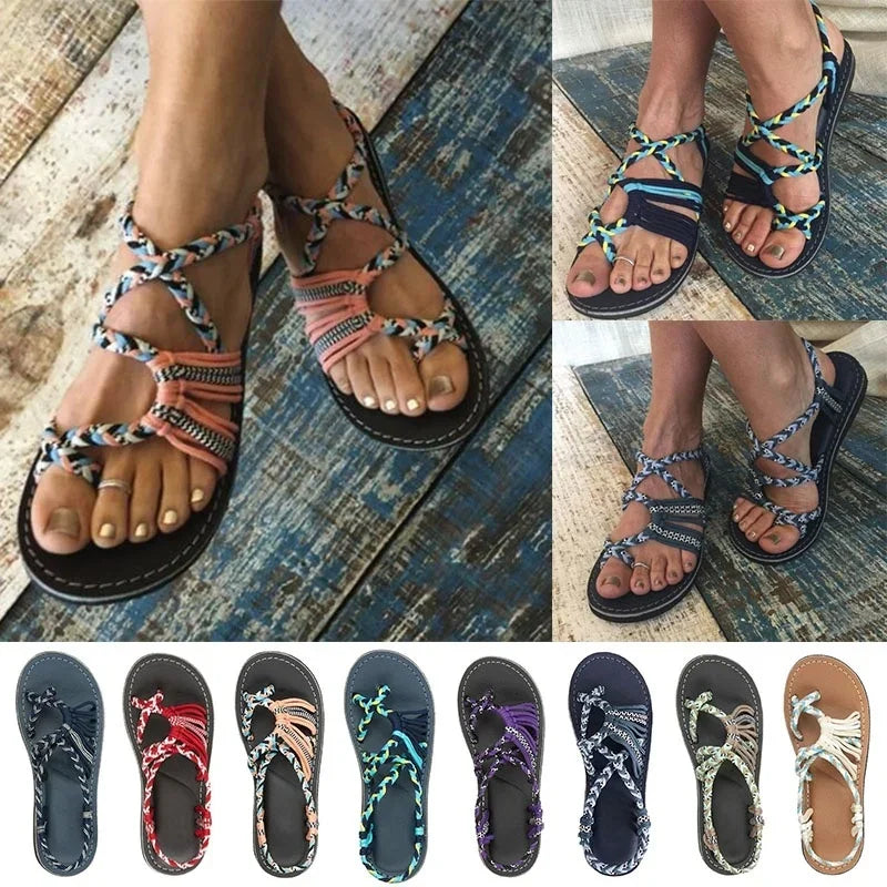 Women Summer Flip Flop Sandals Shoes Mixed Color Matching Rope Knot Beach Toe Roman Sandals Casual Comfortable Plus Size Shoes