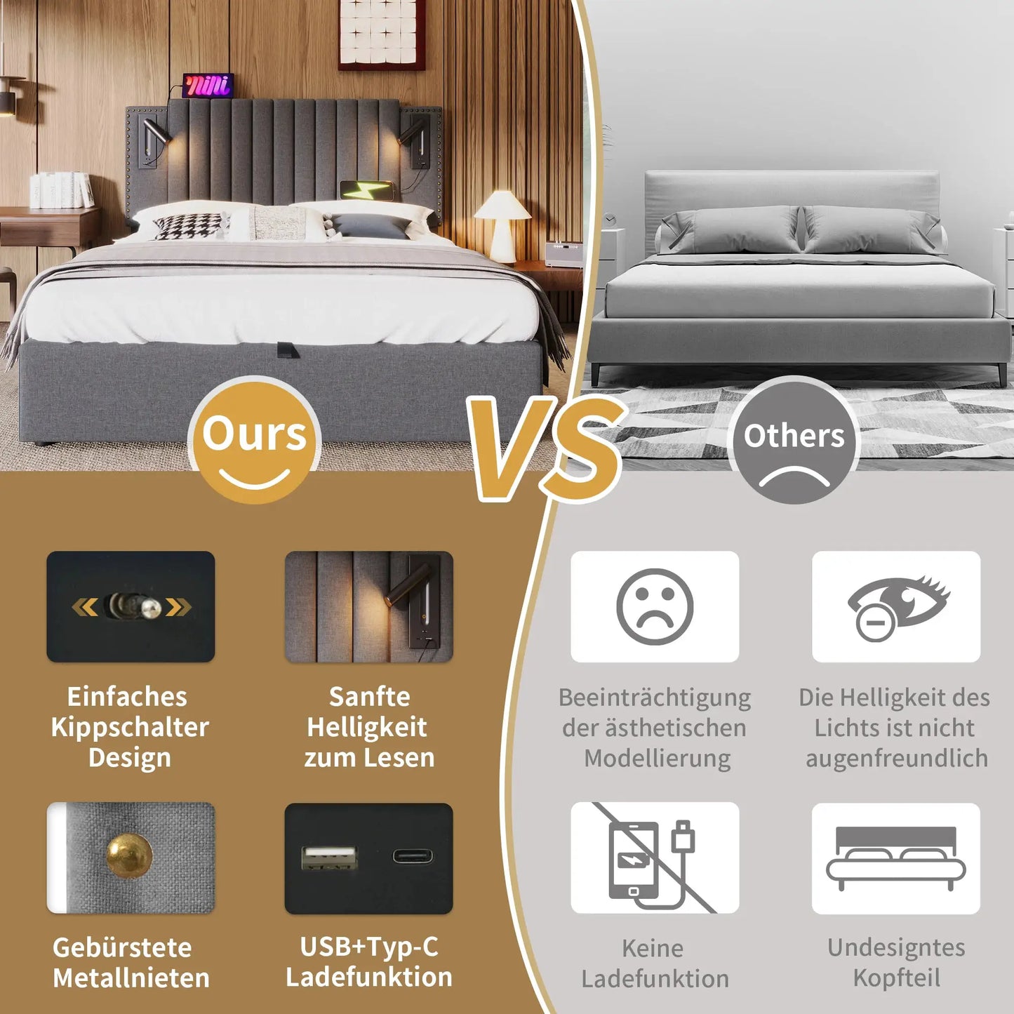 Polsterbett Doppelbett Mit Leselicht Und USB Ladefunktion