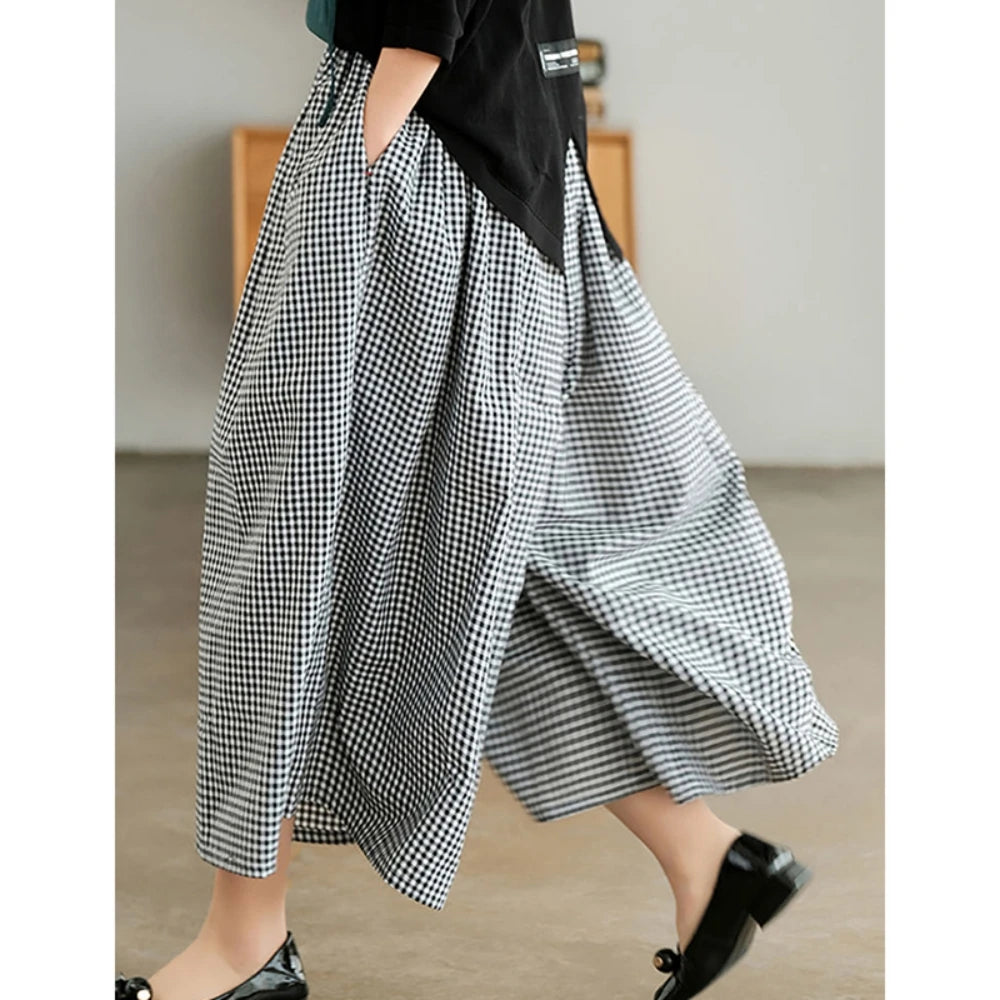 Elegant Woman Dress Plaid Pants Thin Cotton Linen Wide Leg Trousers Women 2024 Summer High Waist Baggy Jogger Pants Sweatpants