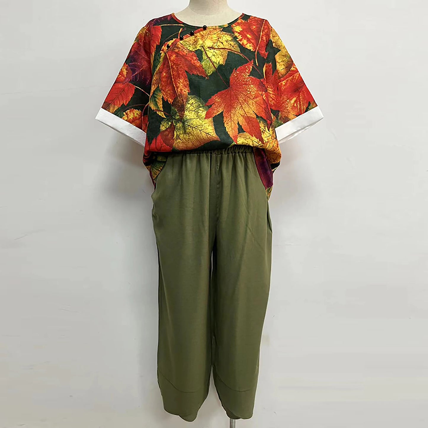 Elegant  Women Outfit Breathable Flower Pattern Blouse Trousers Half Sleeves Soft Blouse Pants Spring Clothes