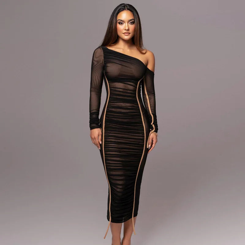 Elegant Women Dresses Diagonal Collar Long Sleeve Two Layer Mesh Backless Pleated Bodycon Sexy Club Party Evening Dress