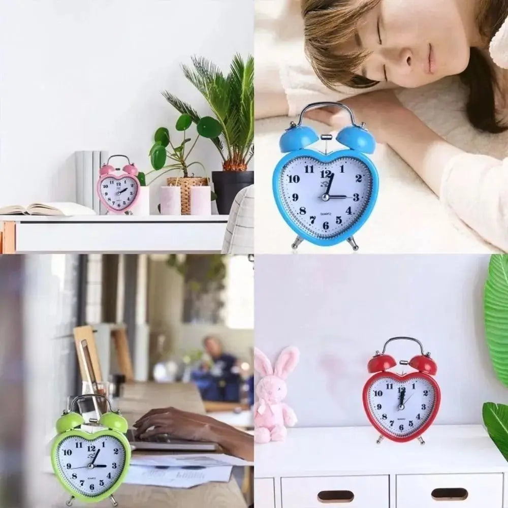 New Heart Shape Alarm Clock Night Light Creative Snooze Wake Up Clocks Metal Girls No Ticking Time Clocks