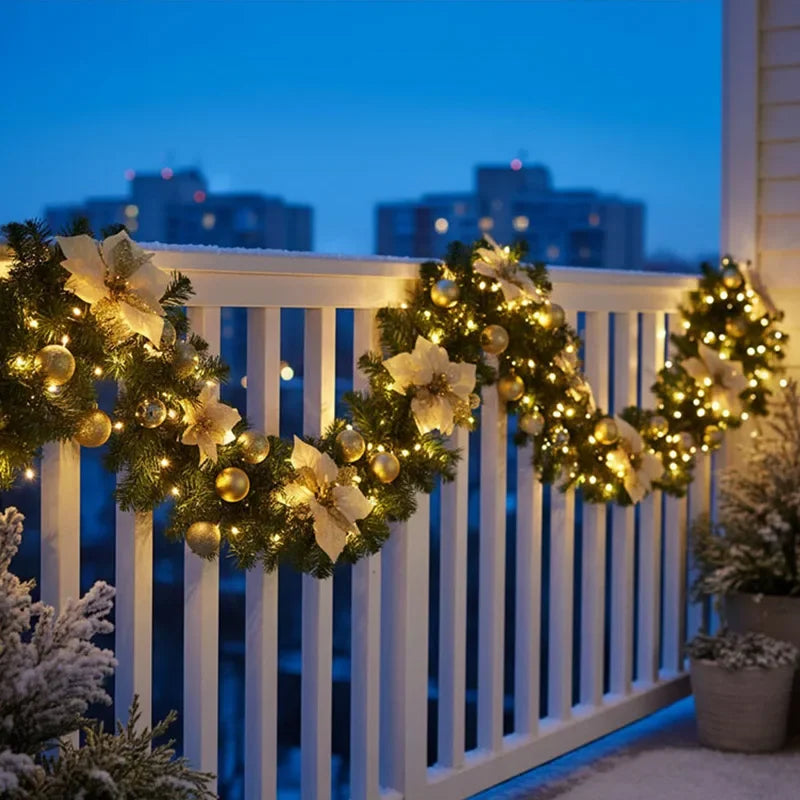 Weihnachts-LED-Rattan-Girlande, 270 cm künstlicher Kranz mit Lichtern für Weihnachtsbaum, Haustür, Kamin, Treppen, Zuhause, Party-Dekoration