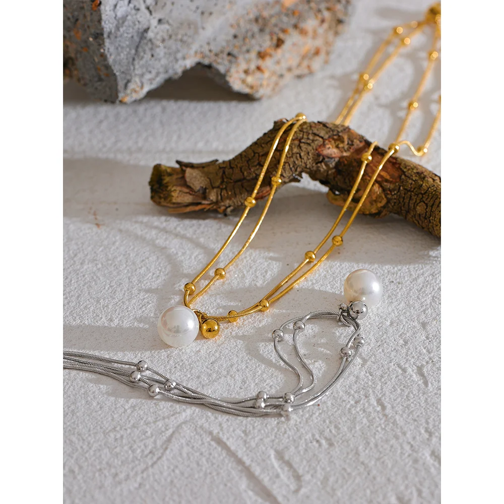 Yhpup Elegant imitație de perle din oțel inoxidabil rotund mărgele lanț colier pandantiv pentru femei culoare auriu-argint bijuterii coreene