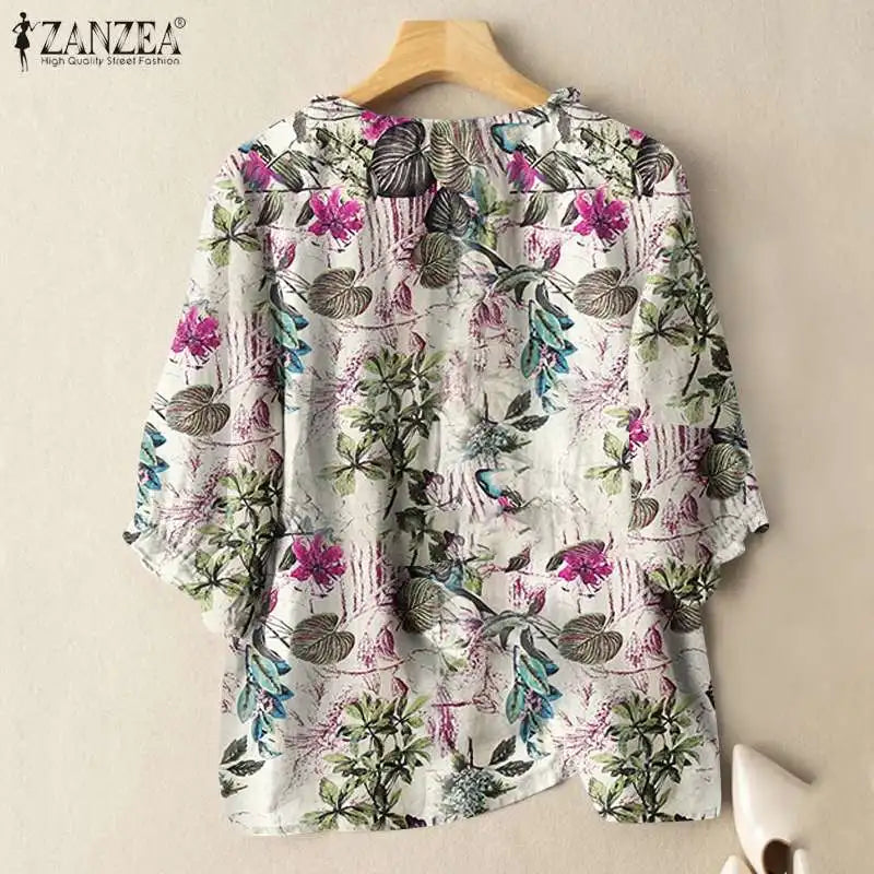 Bohemian Ruffles Tunic Shirt Work Blusas ZANZEA Women Summer O Neck 3/4 Sleeve Tops Casual Mujer Vintage Floral Printed Blouse