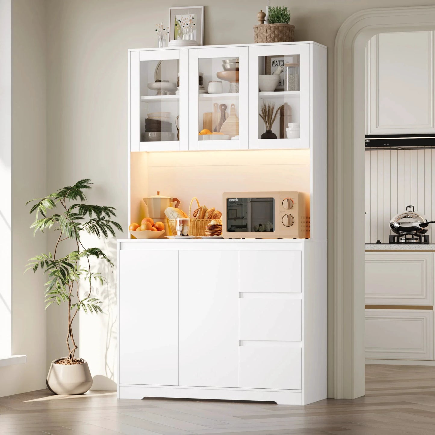 Getone Küchenbuffet mit LED,Küchenschrank Buffetschrank mit Steckdosenleiste mit 3 Schubladen Verstellbares Regal 100x38.5x180cm by Golden Bridge Store
