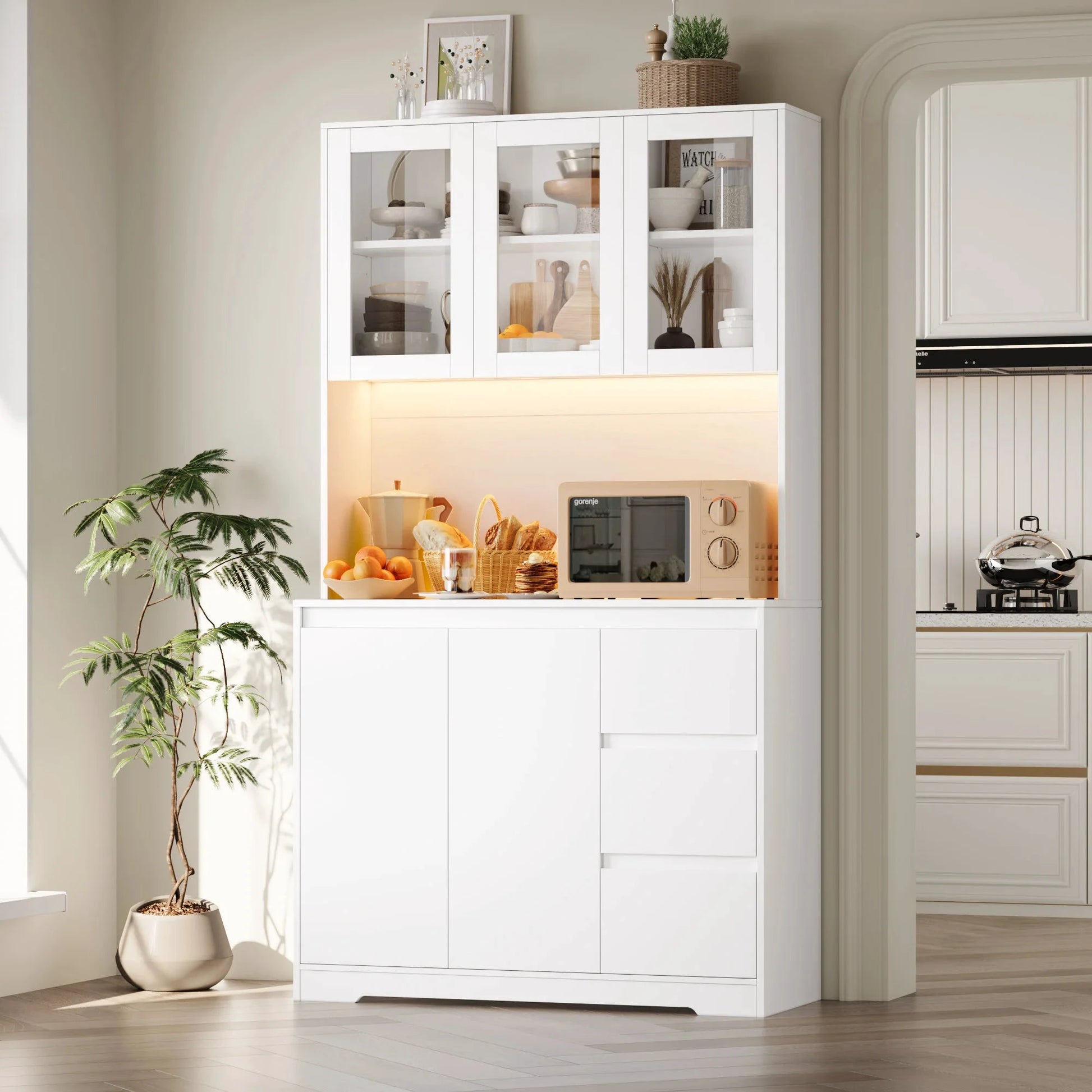 Getone Küchenbuffet mit LED,Küchenschrank Buffetschrank mit Steckdosenleiste mit 3 Schubladen Verstellbares Regal 100x38.5x180cm by Golden Bridge Store