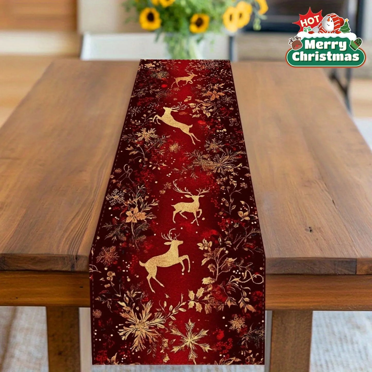 Christmas Table Runner many sizes 2D print burgundy gold snowflake linen feel polyester dining coffee warm