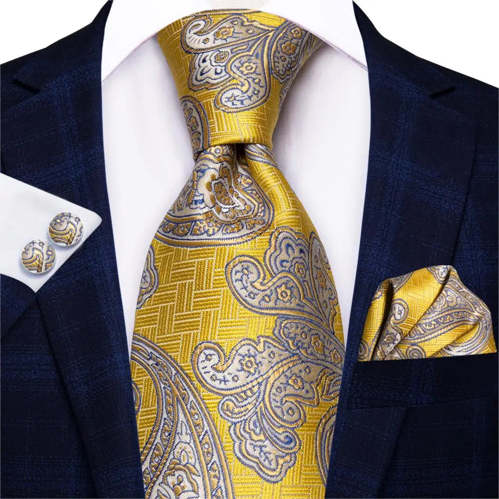 Hi-Tie Seiden-Herren-Krawatten-Set Blumenmuster Gelb Gold Krawatten und Taschentücher Manschettenknöpfe-Set Herren-Hochzeits-Party-Anzug-Mode-Halskrawatte C-3053