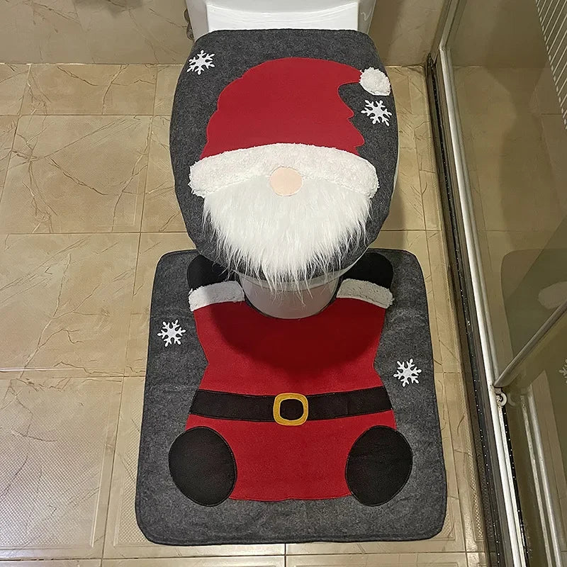 1-5Sets Christmas Toilet Seat Cover Santa Claus Bathroom Decor Set with Toilet Lid Mat and Tank Cover for Holiday Home Decor