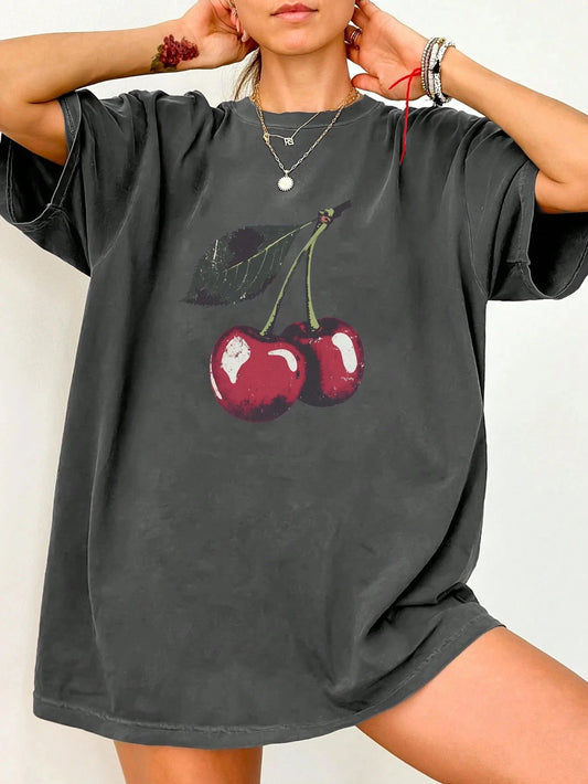 Women'S T-Shirt Black White Gray Cherry Print Cotton T-Shirt Round Neck Loose And Breathable Short Sleeved Simple Casual Top