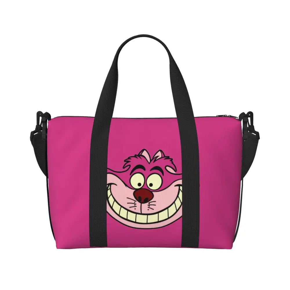 Custom Cheshire Cat Beach Tote Bag for Women We're All Mad Here Cat Big Compartment Gym Beach Travel Bags