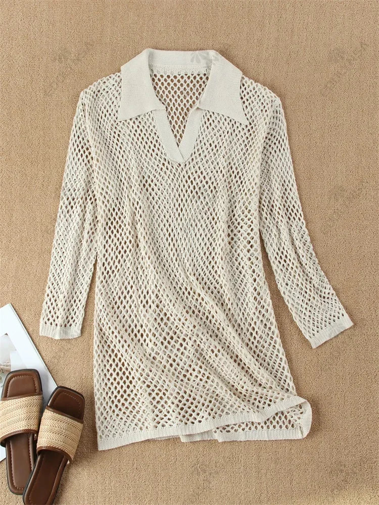 Einfarbig Strand Stricken Mini Kleid - Frauen Sommer Elegant Dekorative Details Langarm - Badeanzug Cover Up Boho Urlaub Lose Beachwear