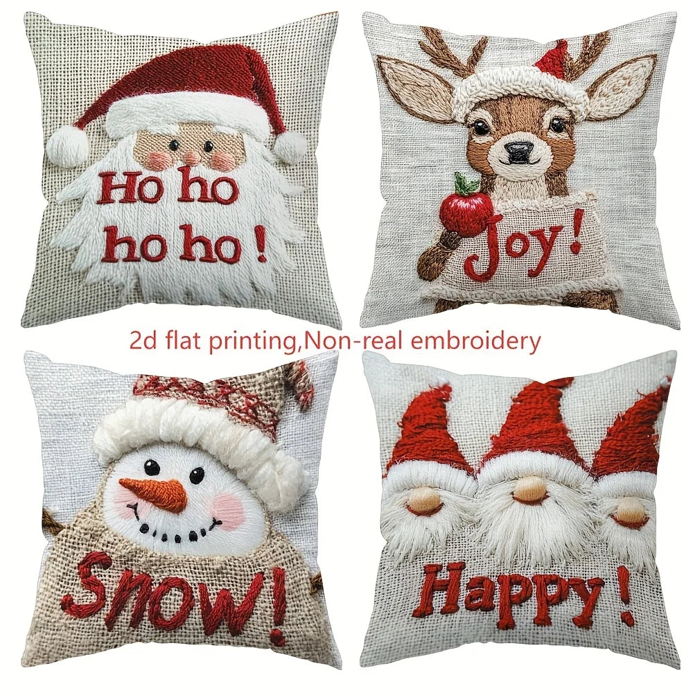 4pcs Christmas Pillow Covers Set, Santa Reindeer Snowman Gnome Printed Cushion Cases, Festive Xmas Home Sofa Decorative Throw