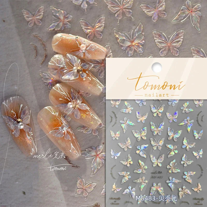 Fantasy Shiny Shell Light Butterfly Rhinestone Bohemia Hot 5D Soft Embossed Relief Nail Art Sticker 3D Decal Decoration Manicure