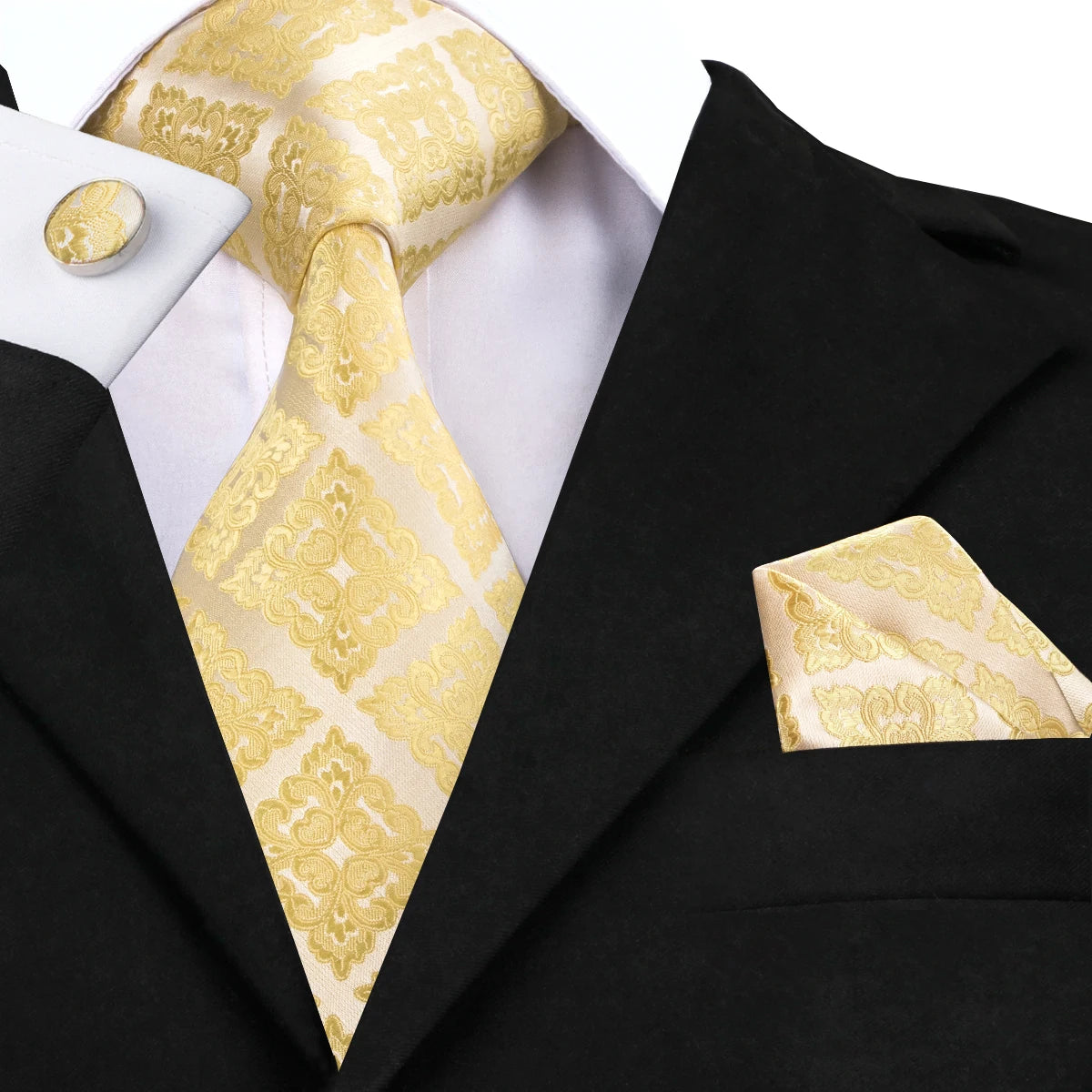 Hi-Tie Seiden-Herren-Krawatten-Set Blumenmuster Gelb Gold Krawatten und Taschentücher Manschettenknöpfe-Set Herren-Hochzeits-Party-Anzug-Mode-Halskrawatte C-3053