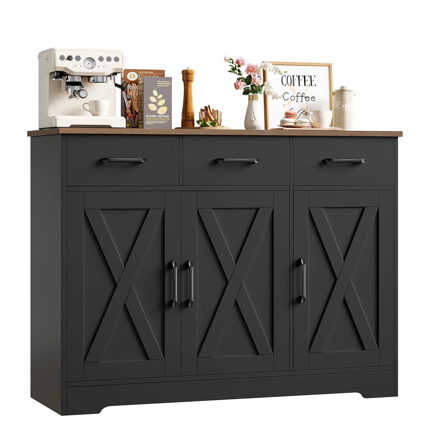 Sideboard, Küchenschrank mit 3 Schubladen und 3 Türen für Küche, Buffetschrank mit Arbeitsplatte, für Esszimmer, Wohnzimmer, Hol by Golden Bridge Store
