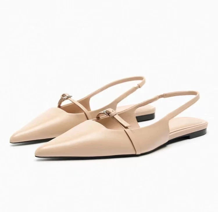 Slingback Flat Bottom Women Sandals Summer Black Leather Pointed Woman Ballet Shoes Fashion Low-heel Woman Shoes